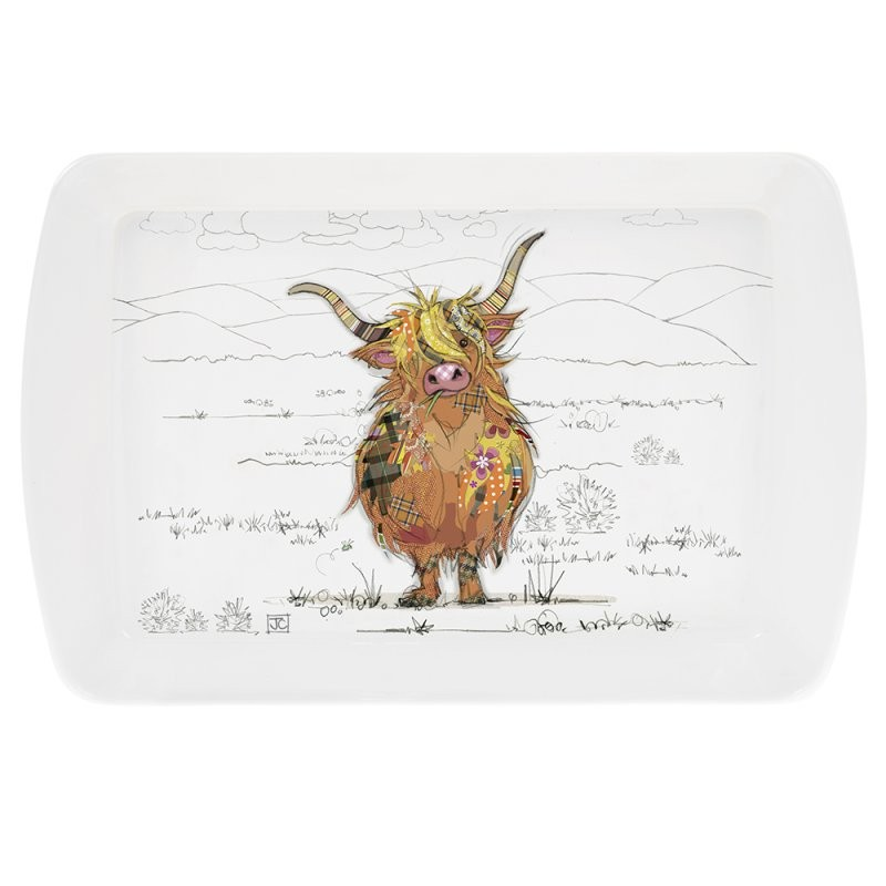 A white rectangular serving tray with a detailed illustration of a Highland Cow in the center, surrounded by a whimsical, hand-drawn landscape.