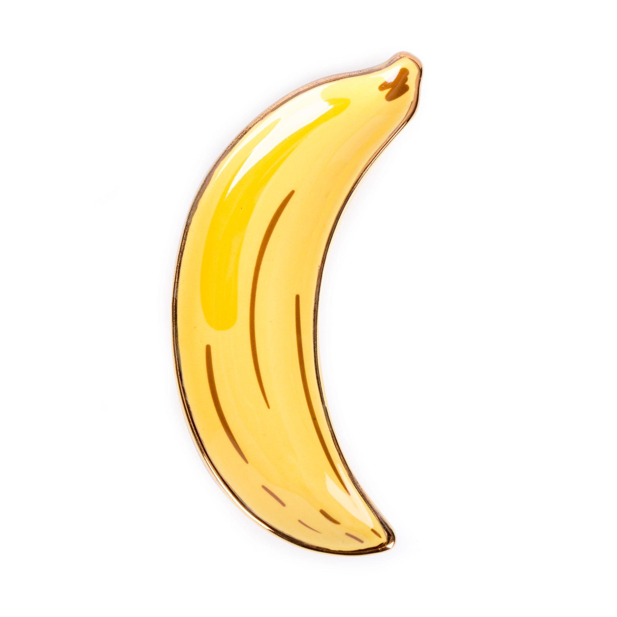A ceramic tray designed to resemble a banana, with a glossy yellow finish.
