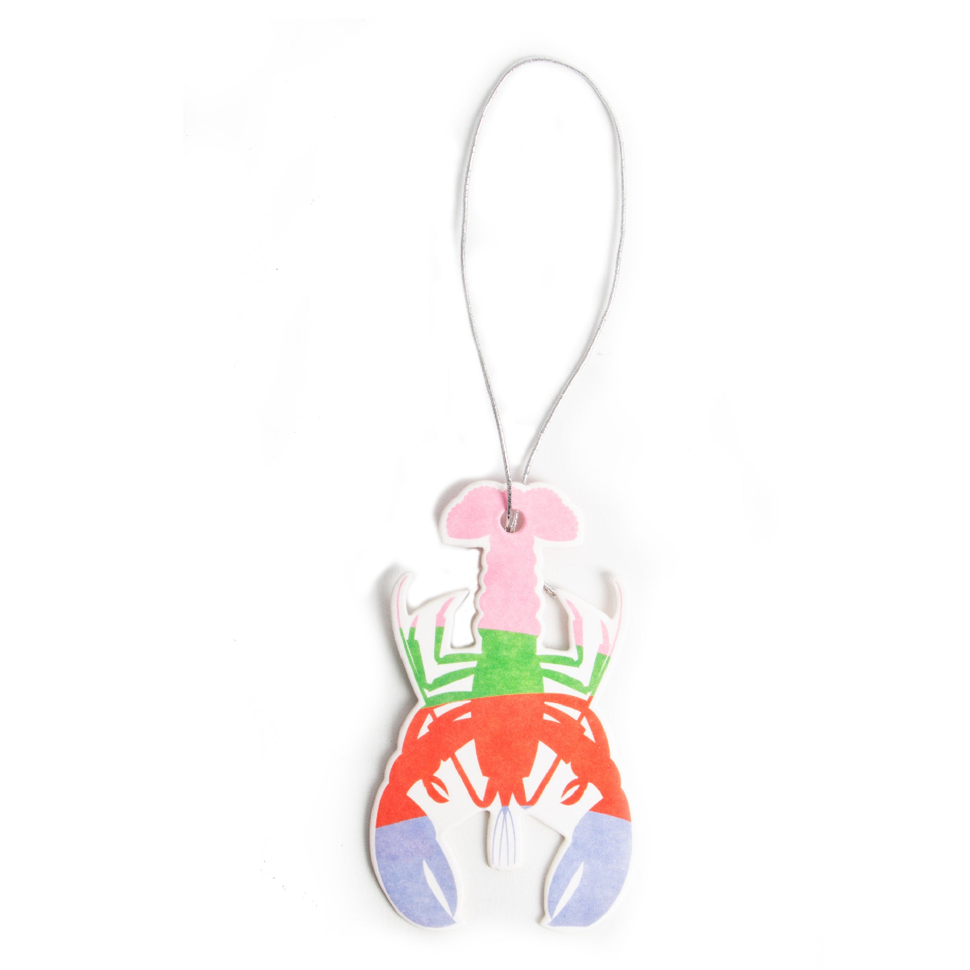 A lobster-shaped air freshener with a multicolored design in pink, green, red, and blue, hanging by a string.