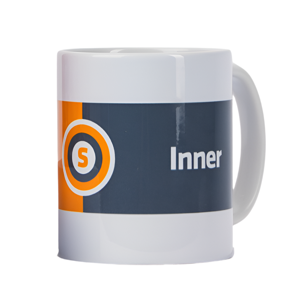A white ceramic mug with blue and orange accents featuring the text 'Inner' and the Glasgow Subway logo.