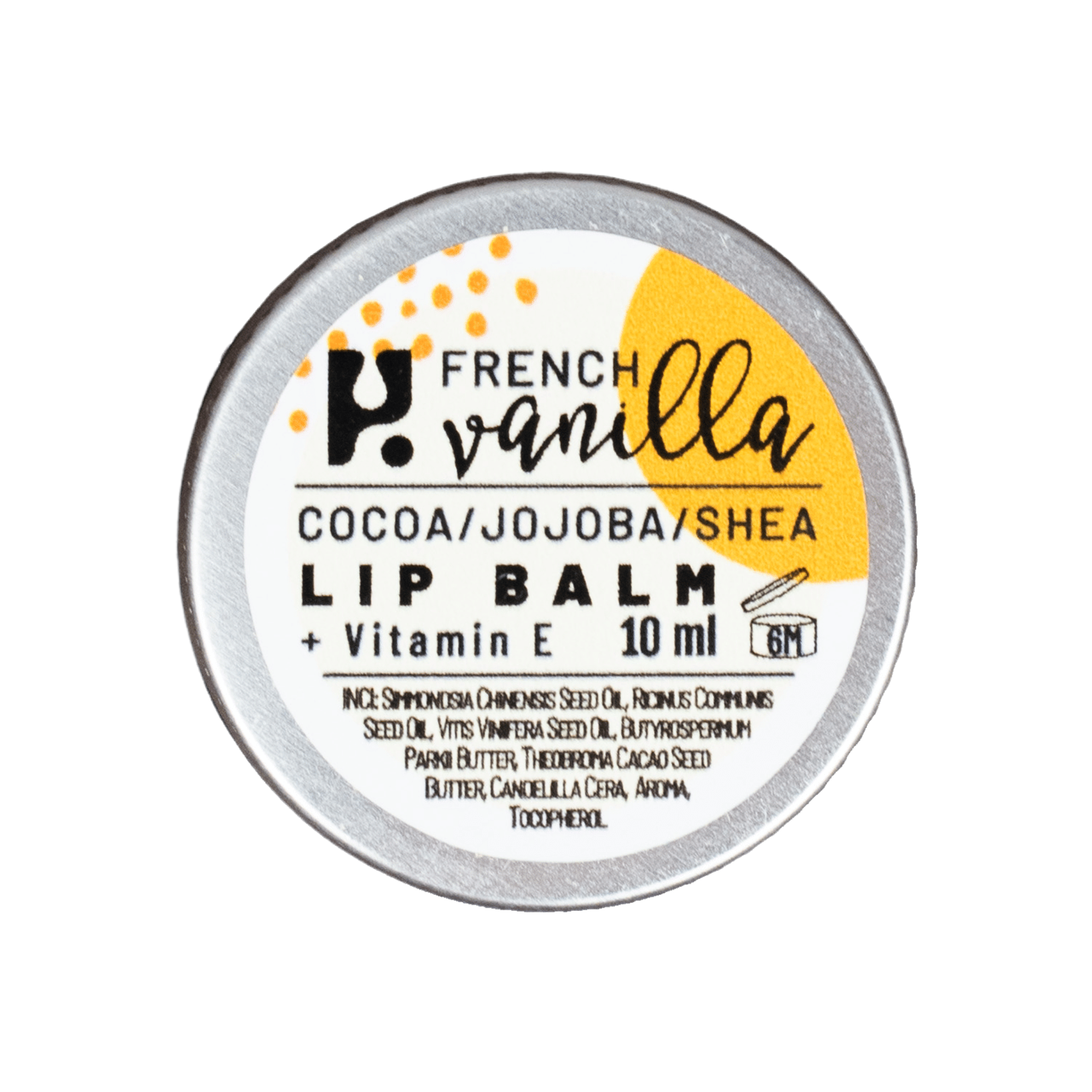 Lip balm container with 'French Vanilla' branding on a white background