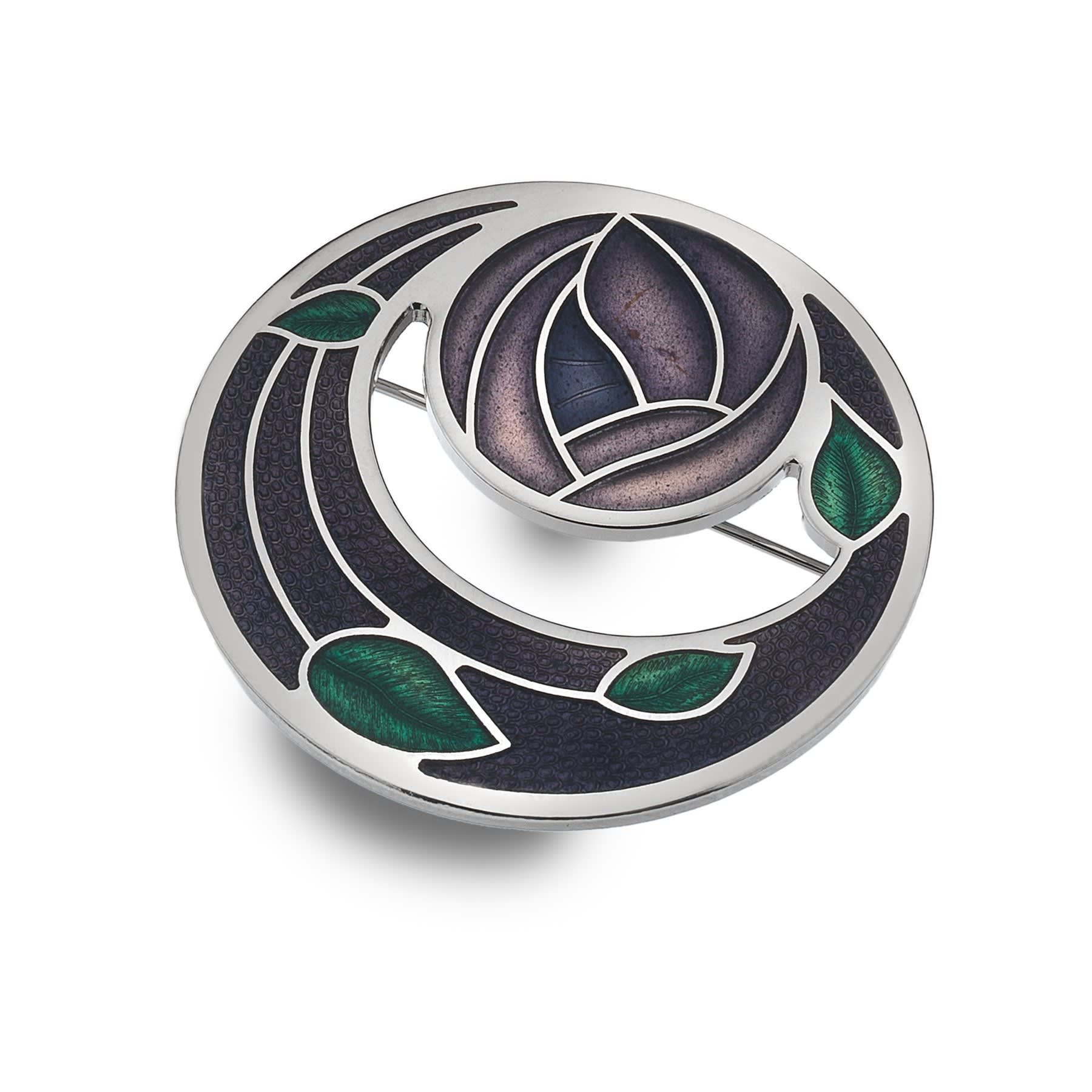 A Charles Rennie Mackintosh inspired brooch with a geometric rose and coils design, featuring blue and red enamel with a silver metal outline.