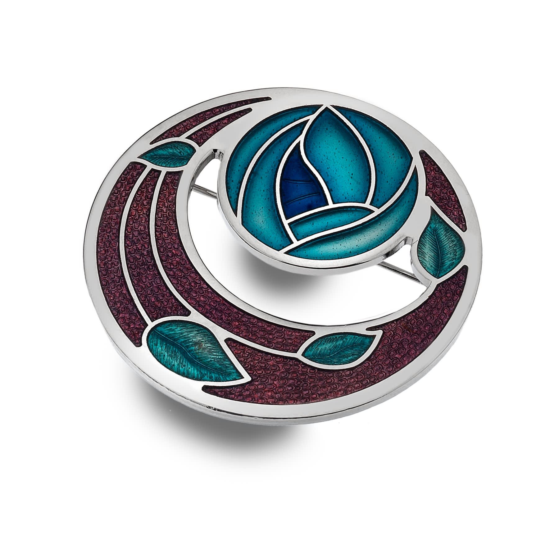 A Charles Rennie Mackintosh inspired brooch with a geometric rose and coils design, featuring blue and red enamel with a silver metal outline.