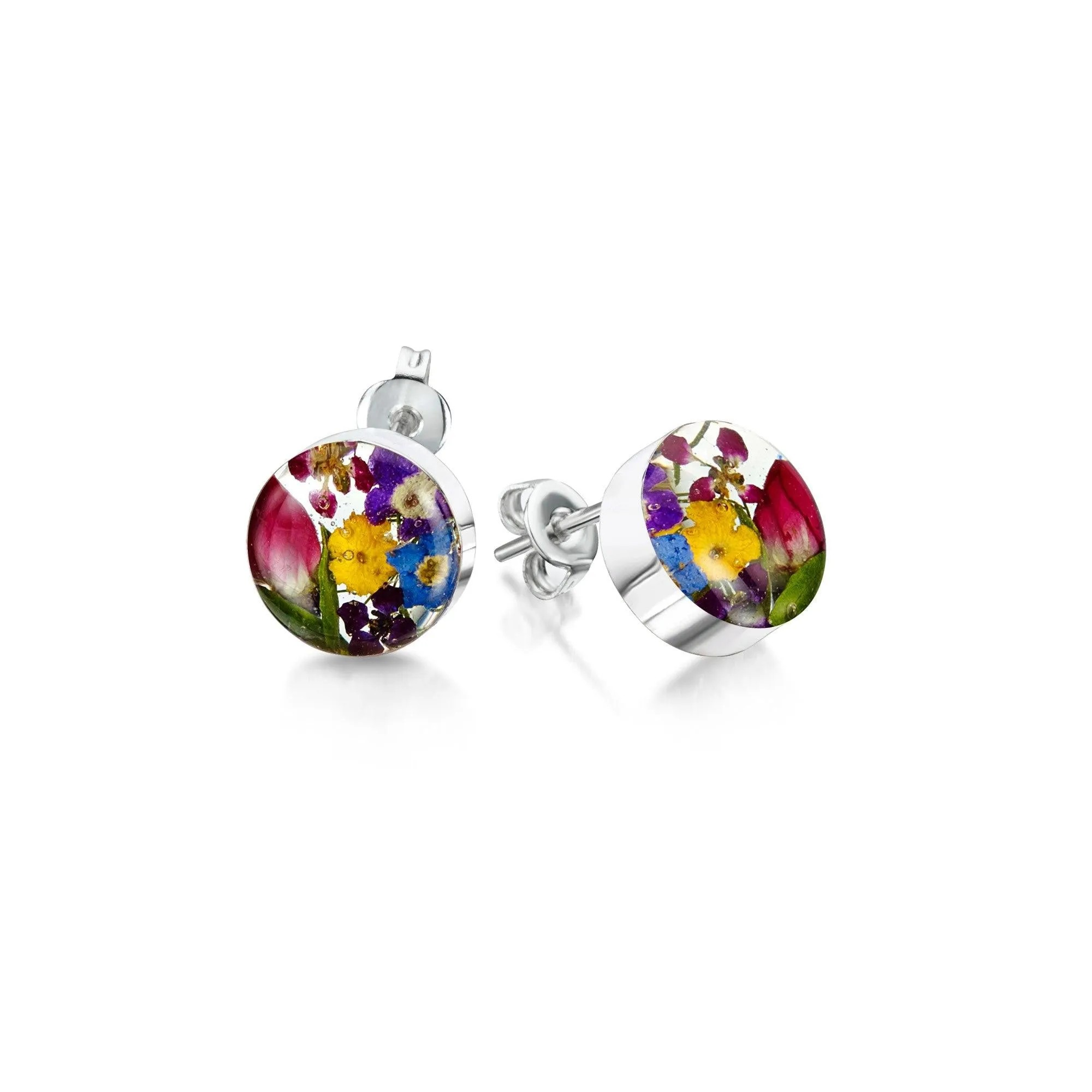 Silver Round Stud Earrings - Mixed Flowers