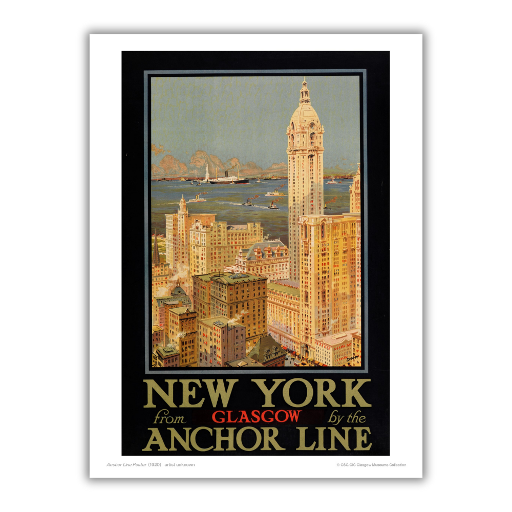 A framed print titled 'New York from Glasgow by the Anchor Line', featuring an illustration of the New York skyline with the Anchor Line ship in the distance.