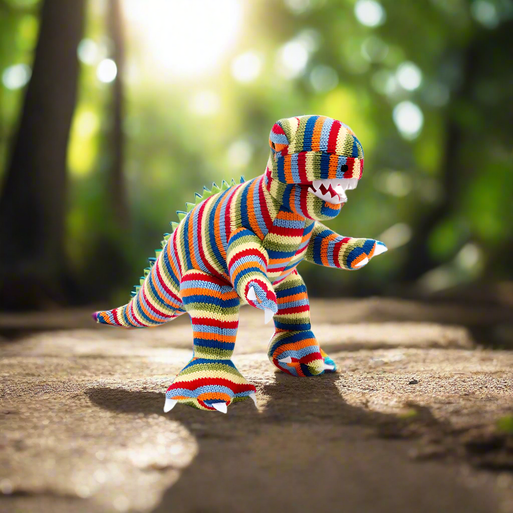 Knitted T Rex Soft Toy - Multicolour Stripes