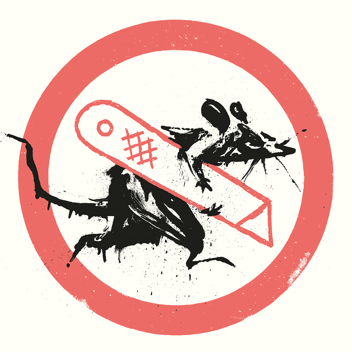 Circular symbol with black ink splashes and a red prohibition sign on a white background