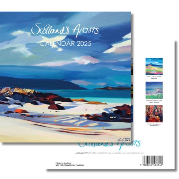 A wall calendar for 2025 featuring a cover with a scenic painting of a coastal landscape. The title 'Scotland’s Artists 2025 Calendar' is displayed at the top.