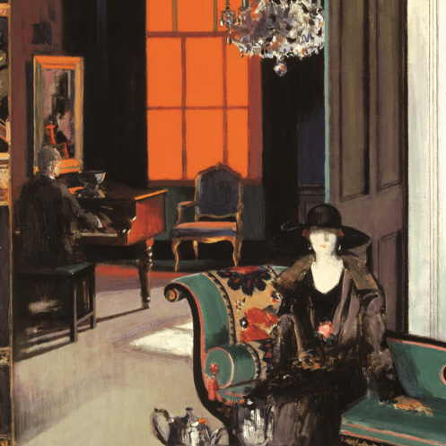 Artistic depiction of a woman in a stylish outfit sitting on a couch in an elegant room with a piano and chandelier.