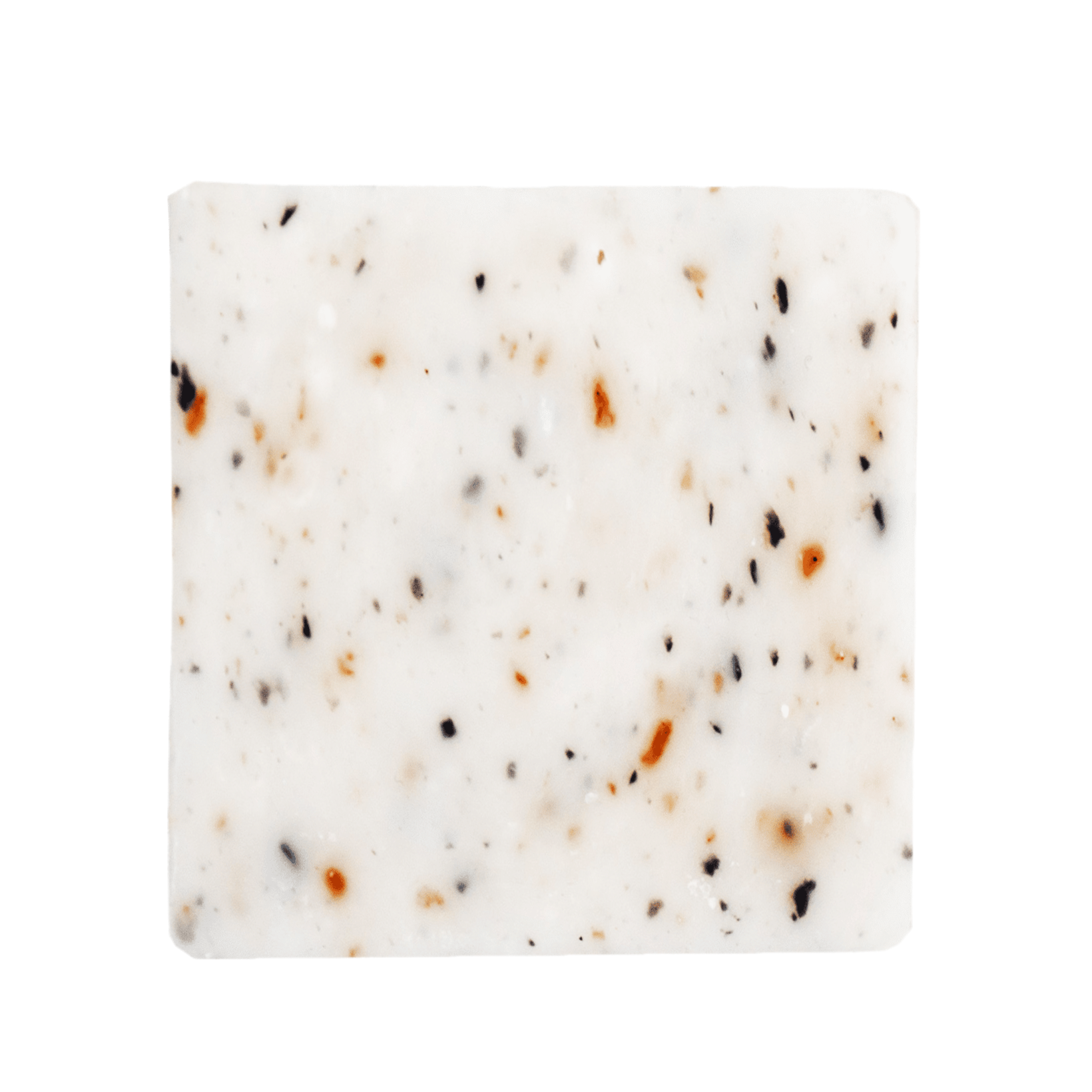 Square soap bar with speckled pattern on a white background