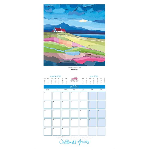 A wall calendar showcasing a colorful artwork depicting a rural scene with hills and a house, dated 2025.