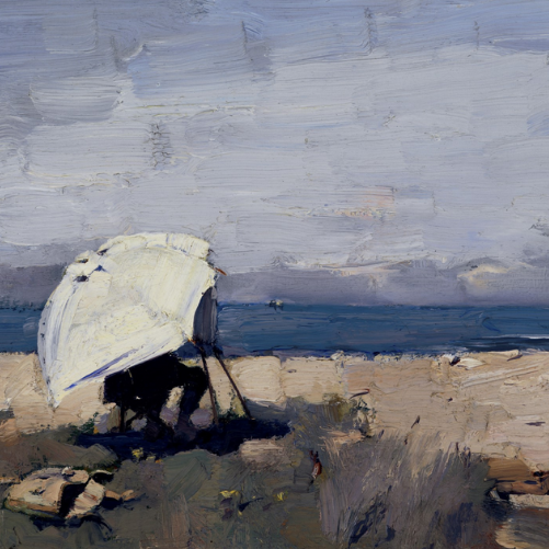 Painting of a white boat on a beach with a blue sky.