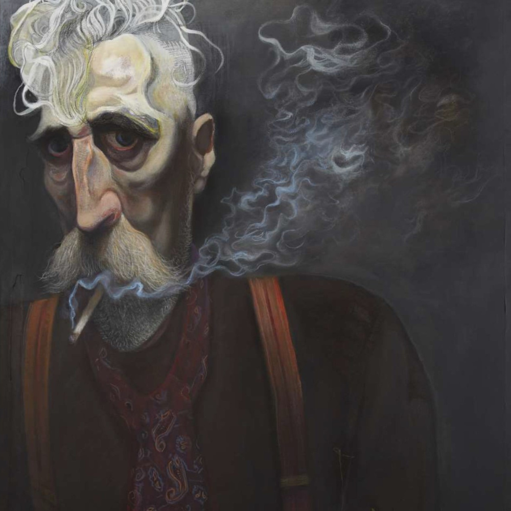 Artistic depiction of an elderly man with a smoking habit, surrounded by smoke on a dark background.