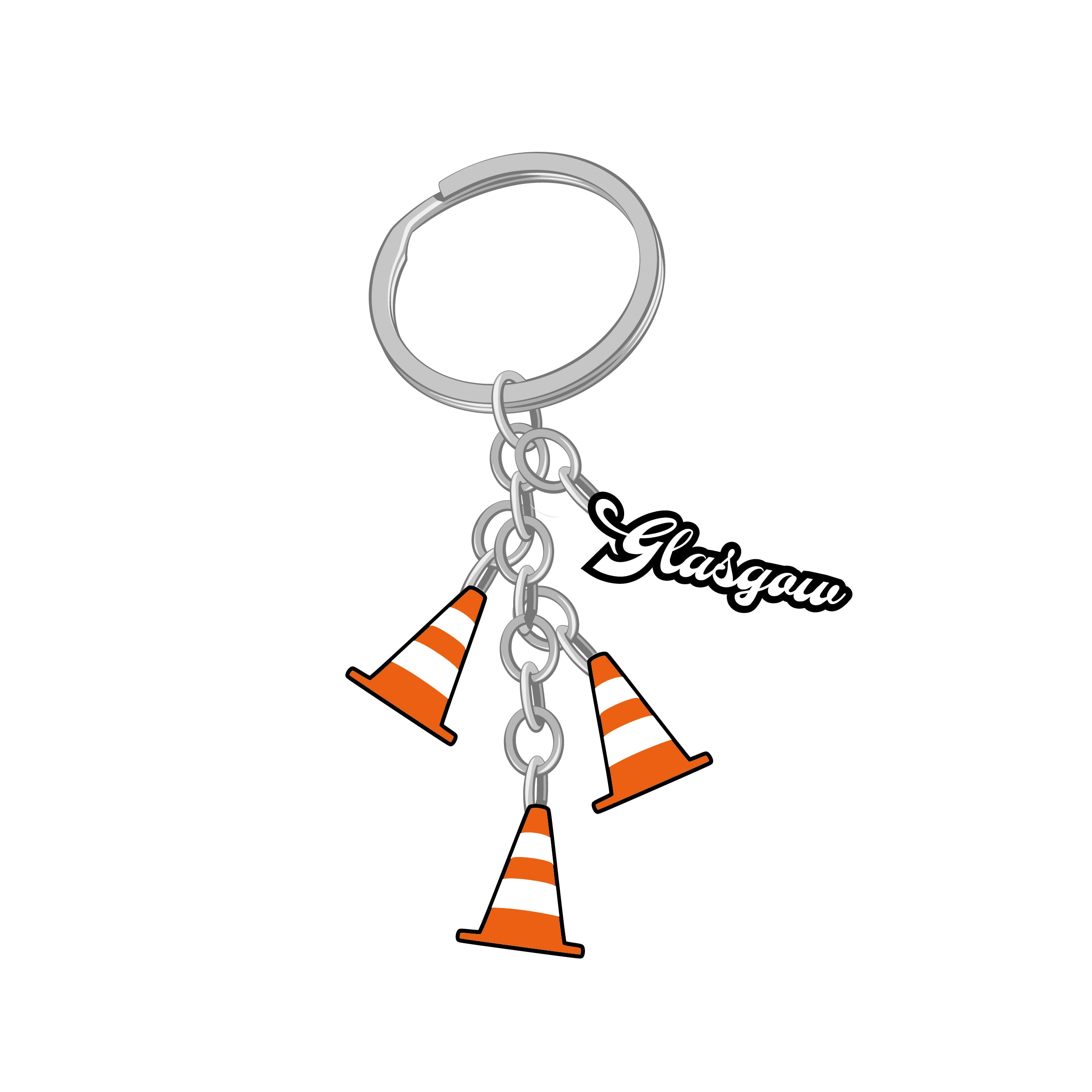 A metal key-ring featuring charms including a 'Glasgow' charm and three traffic cone charms.