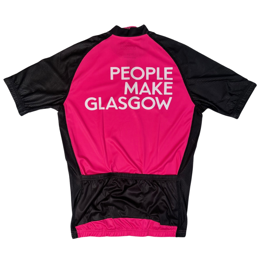 Pink and black cycling jersey with 'People Make Glasgow' text on a white background
