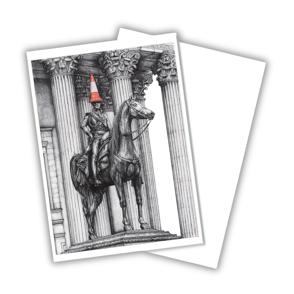 A greetings card featuring a drawing of the Duke of Wellington statue in Glasgow, with a playful traffic cone on the duke's hat.