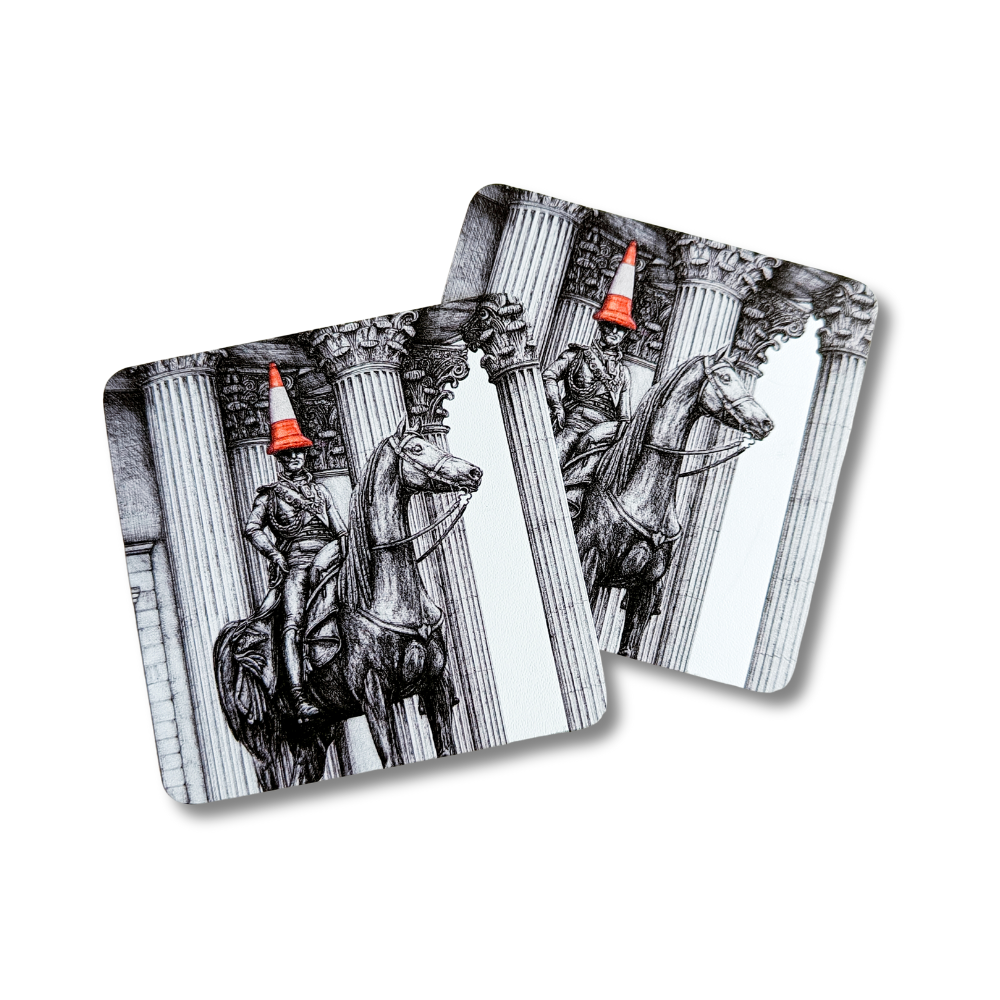 A pair of square coasters with an illustration of the Duke of Wellington statue, predominantly in black and white with a touch of color, placed on a white background.