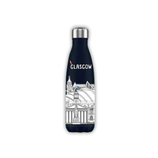 A black insulated water bottle with a white print of Glasgow's iconic landmarks and symbols.