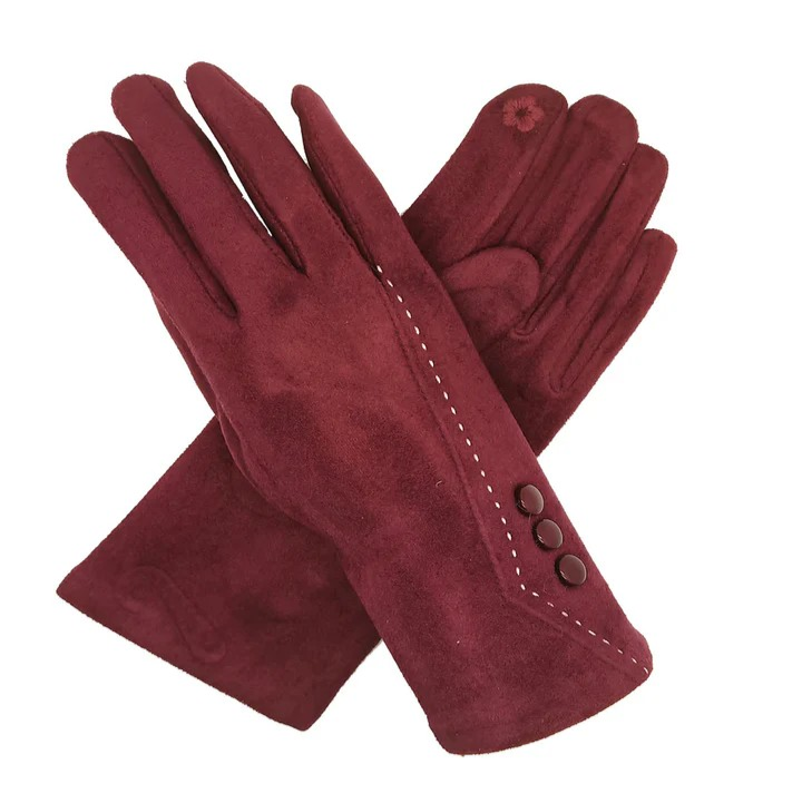 Pair of red gloves with buttons on a white background