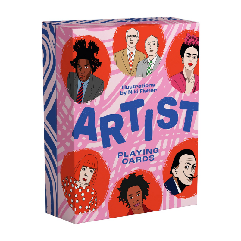 A box of Artist Playing Cards featuring illustrations of various artists on the card faces, with a colorful and vibrant design.
