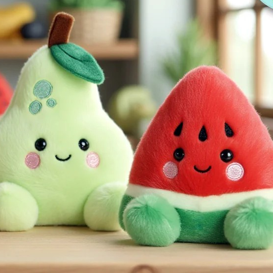 Plush toys shaped like a pear and watermelon on a wooden surface with a blurred background.