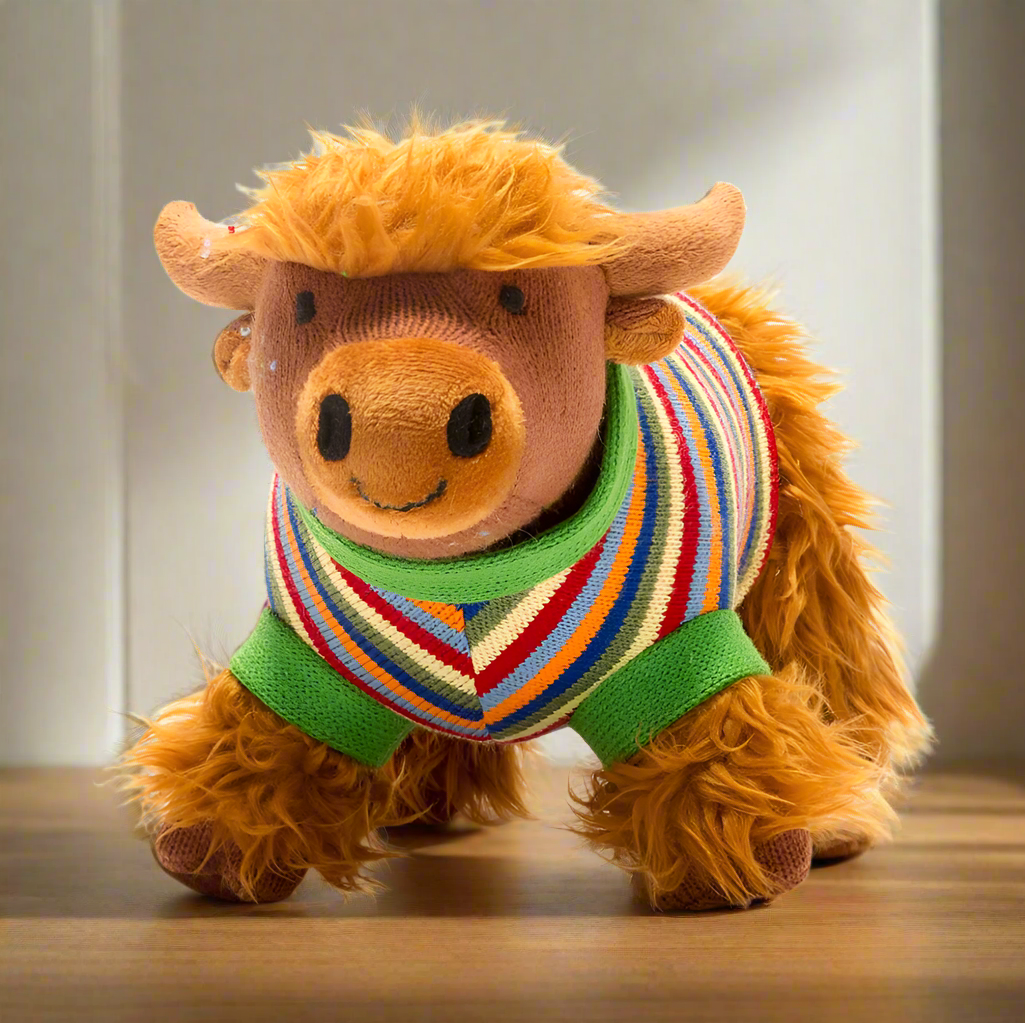 Knitted Highland Cow With Striped Jumper