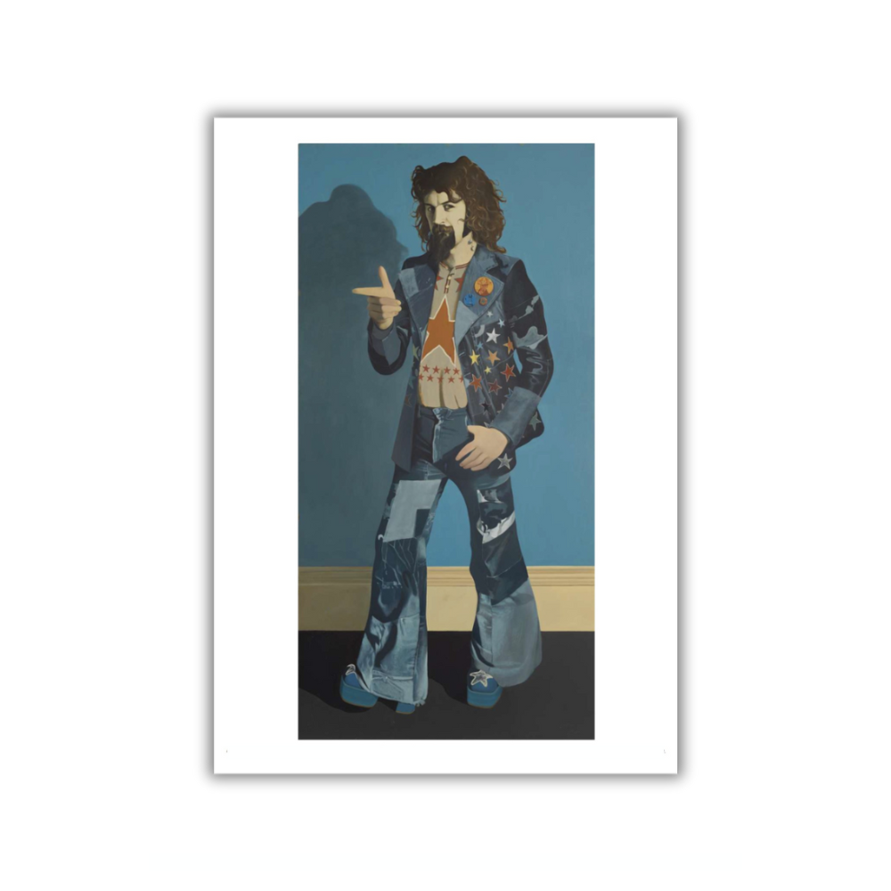 Artwork of Billy Connolly a stylish blue outfit with a blue background
