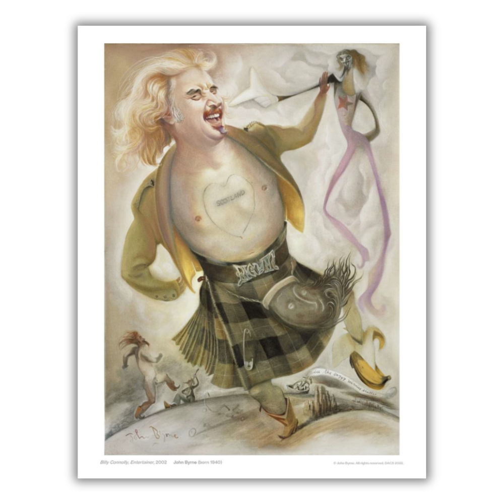 Surreal artwork of a Billy in a kilt with a Scotland tattoo on his chest