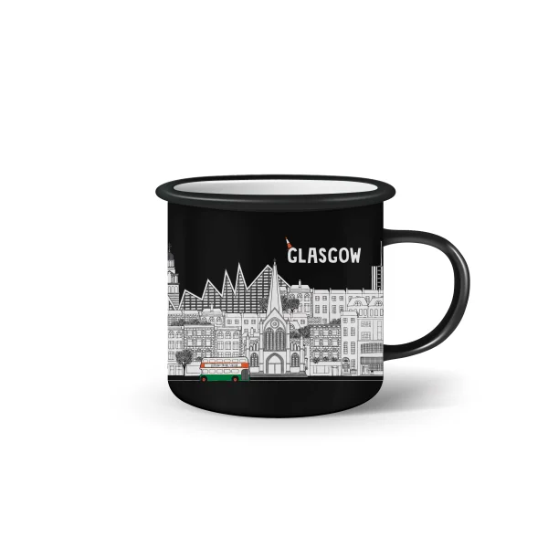 A black enamel mug with a graphic design of Glasgow's iconic landmarks and the text 'GLASGOW' on the side.