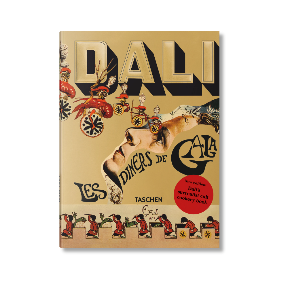 The cover of the book 'Dalí: Les dâners de Gala' featuring illustrations of Salvador Dali with a gold background.