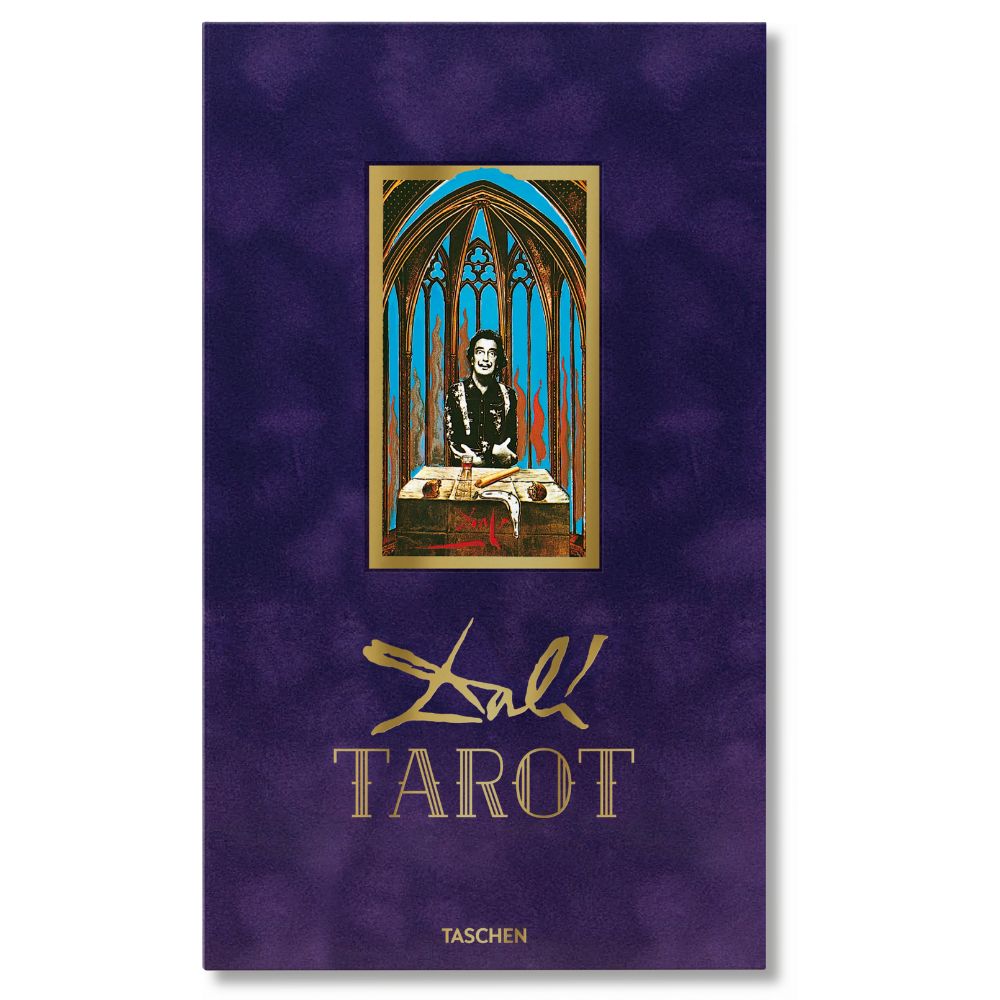 Cover of the Dali Tarot deck featuring a stylized illustration of Salvador Dali with a tarot card design in the background.