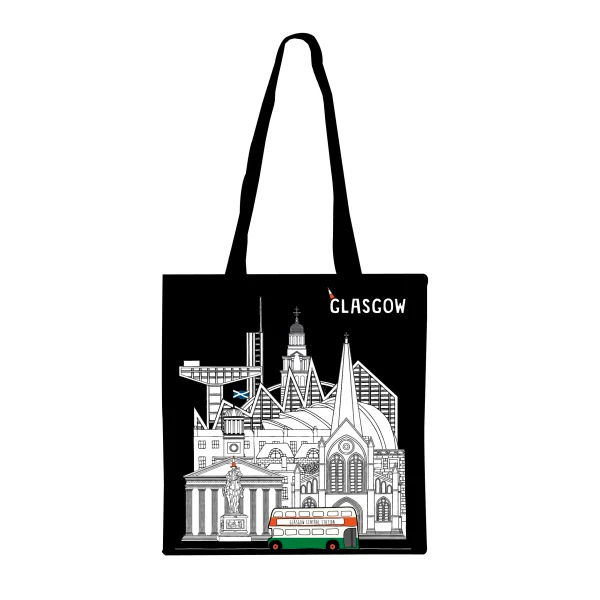 A black cotton tote bag with a white line drawing of Glasgow's iconic landmarks and symbols on the front, including a representation of the Glasgow School of Art.