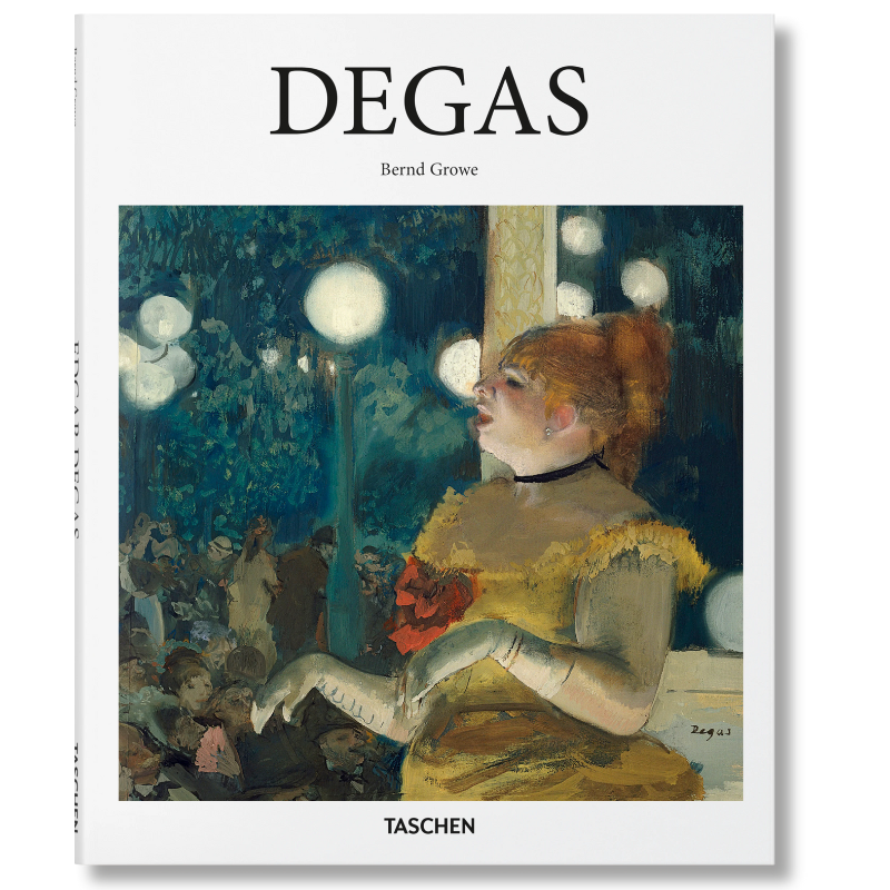 Cover of the book 'Degas' by Taschen, featuring an artwork of a woman in a yellow dress sitting in a chair, with a blurred background of a street scene at night.