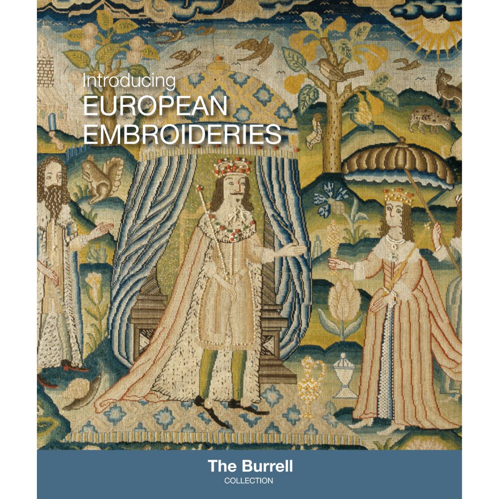 Book cover of 'Introducing European Embroideries' featuring a detailed and colorful embroidery depicting historical figures.