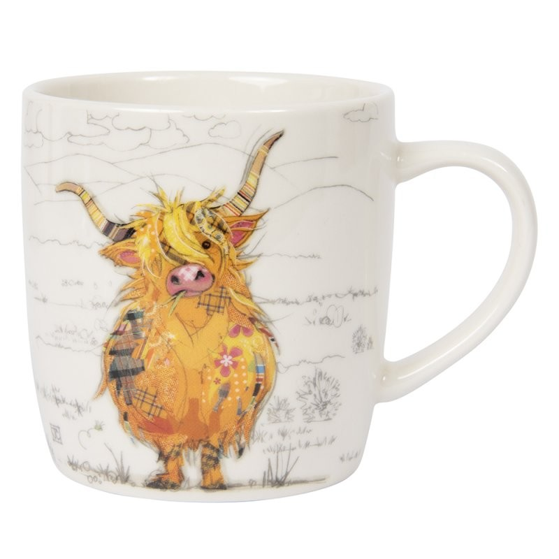 A white ceramic mug with a colorful illustration of a Highland Cow on the front.