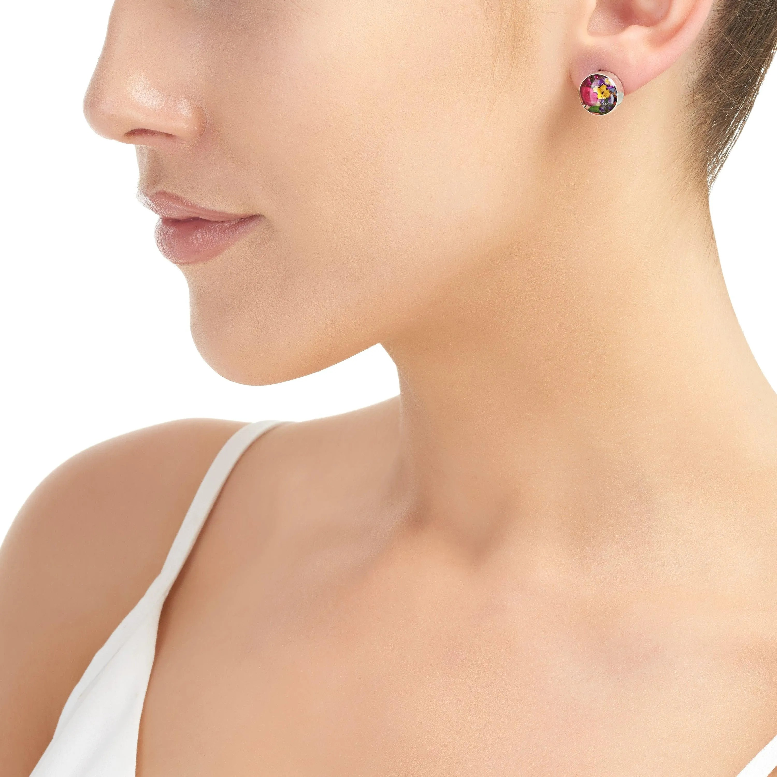 Silver Round Stud Earrings - Mixed Flowers
