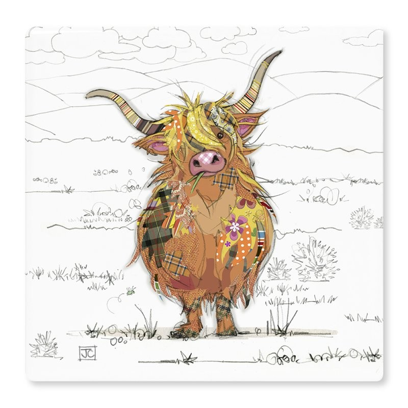 Illustrated coaster featuring a colorful Highland Cow with a Scottish tartan pattern.