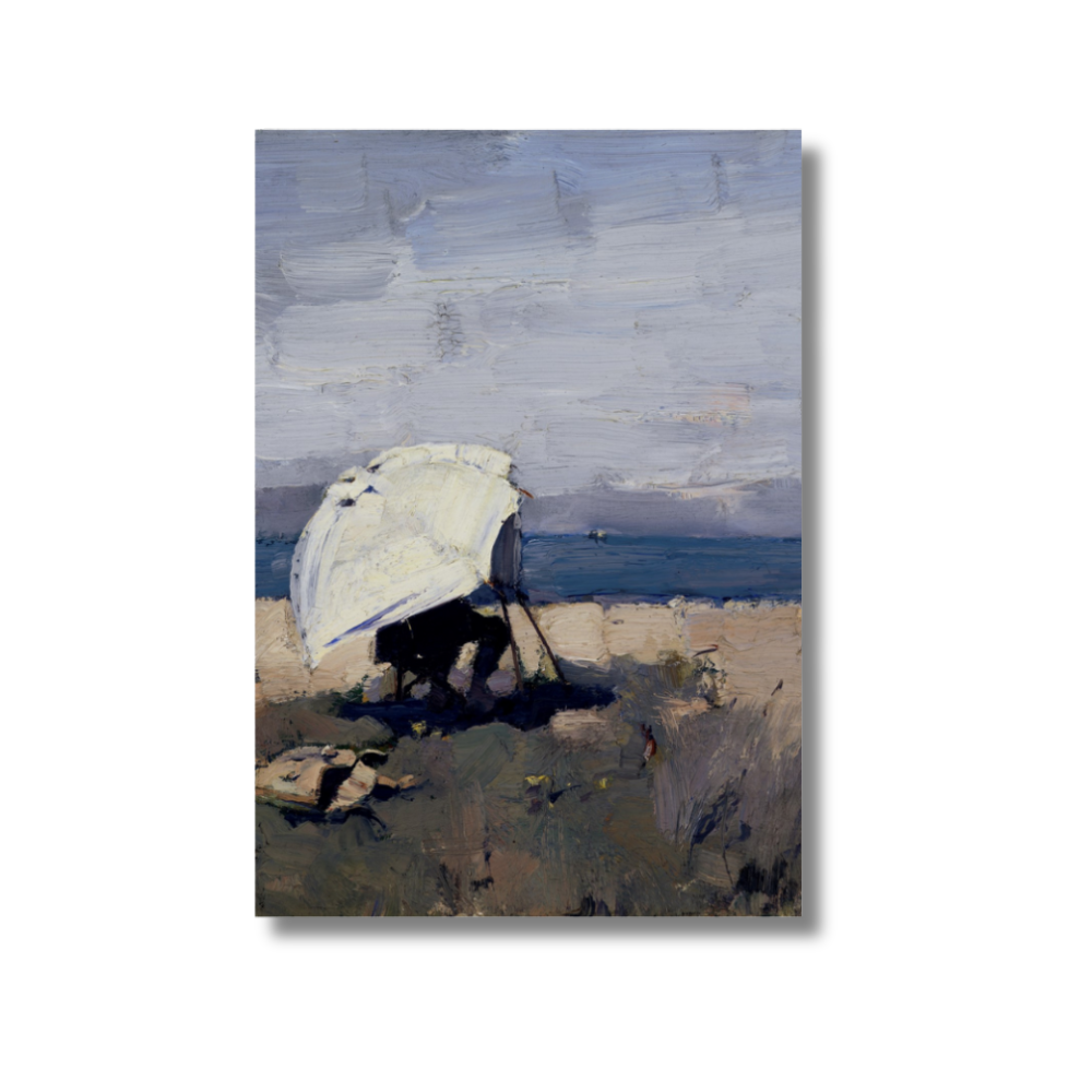 Painting of a person with a white umbrella on a beach