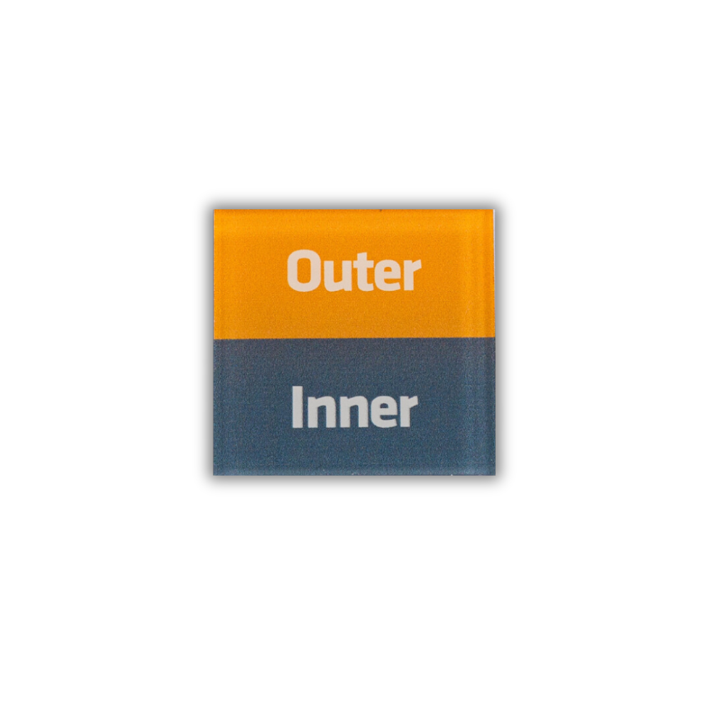 A magnet with the words 'Inner' and 'Outer' on it, with a gradient of orange, yellow, and blue colors.