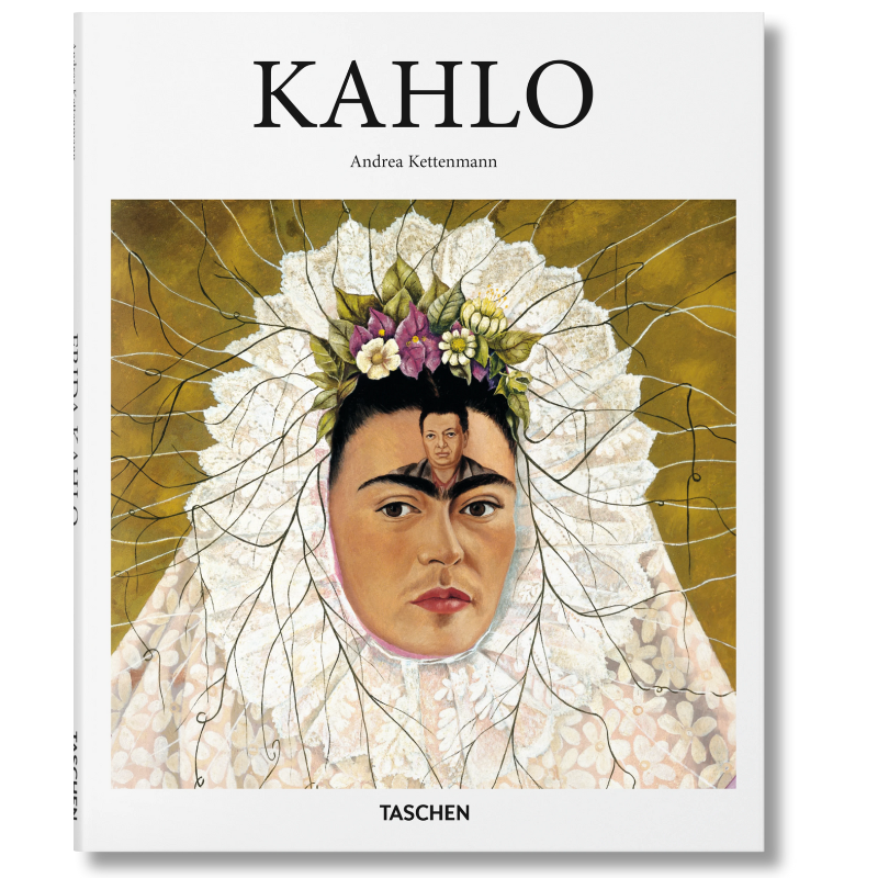 Cover of the book 'Kahlo: Taschen' featuring a self-portrait by Frida Kahlo with a white and gold traditional Mexican dress and a floral crown.