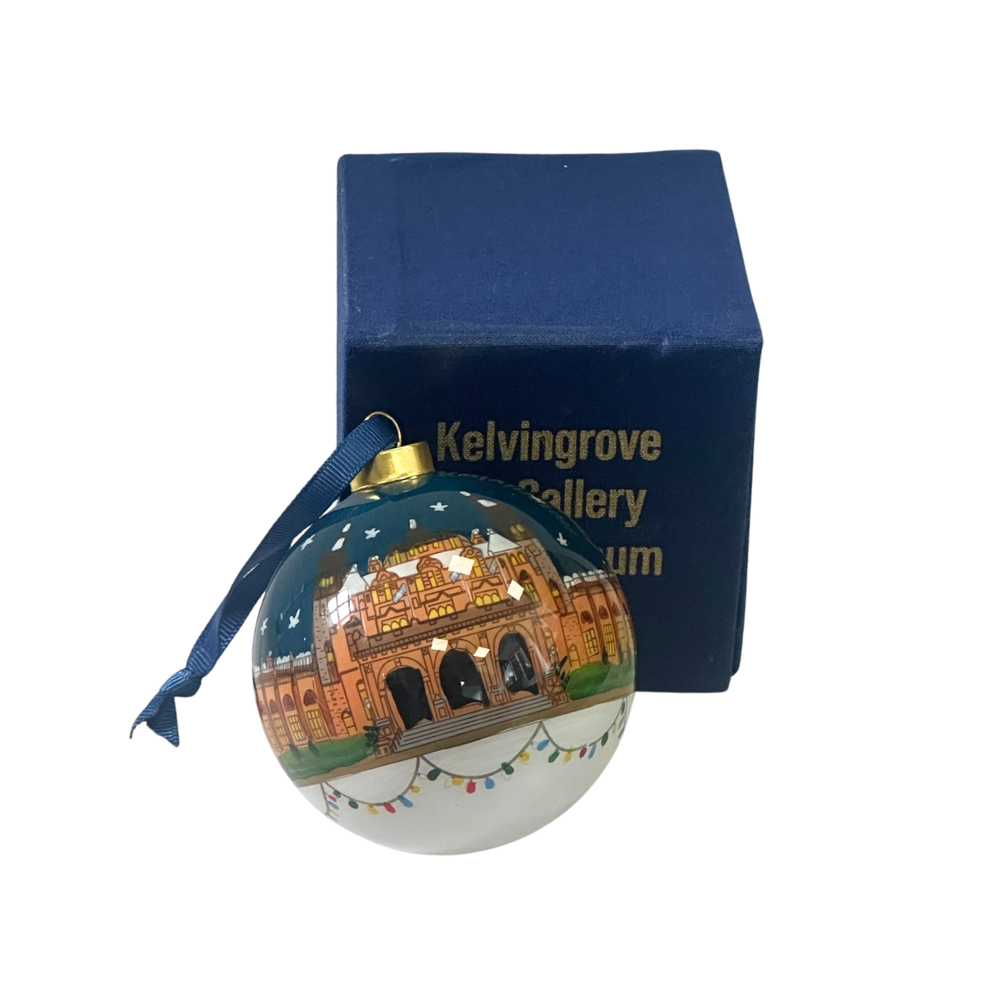 Decorative ball with Kelvingrove Gallery and Museum design, tied with a blue ribbon, against a white background.