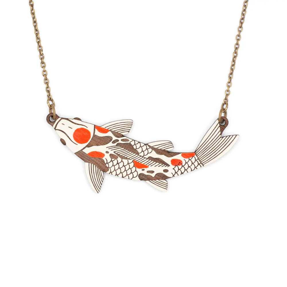 Koi fish pendant necklace on a white background