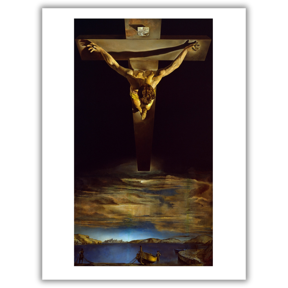 A large print of Salvador Dali's painting 'Christ of St John of the Cross', featuring a dreamlike composition with a figure on a cross against a dark background with a reflective water scene below.