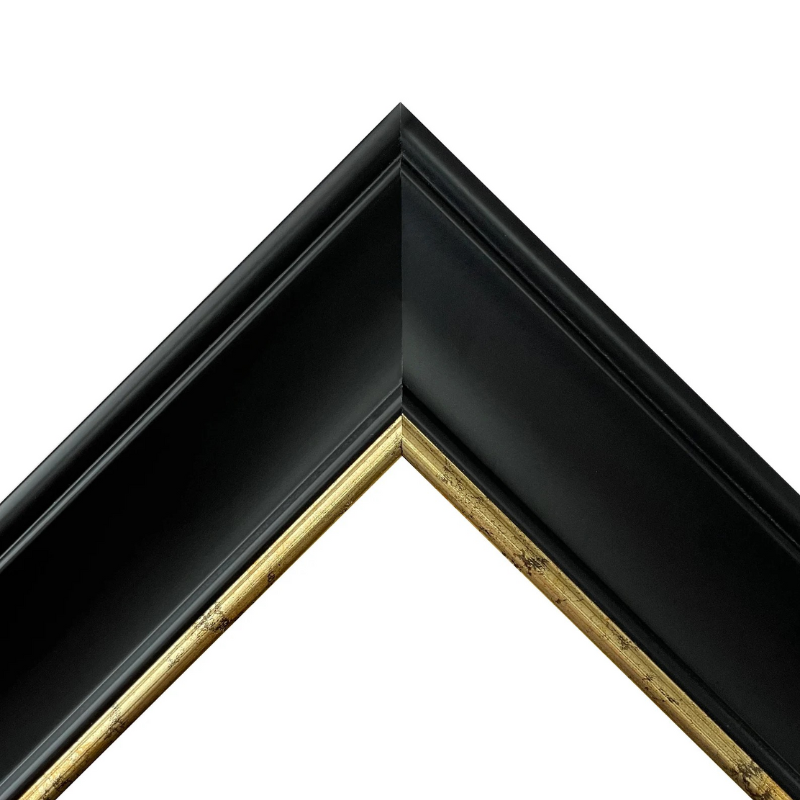 Close-up of a black picture frame with gold inner lining on a white background