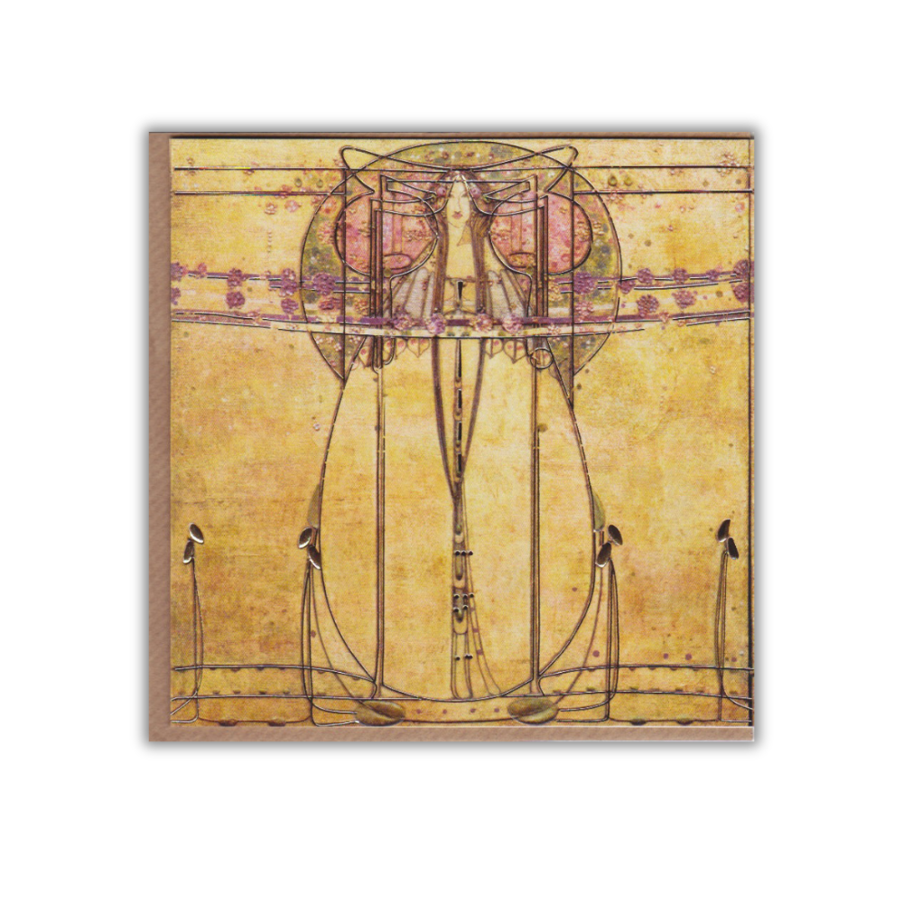 A greeting card featuring the May Queen design by Charles Rennie Mackintosh, with gold background and intricate patterns.