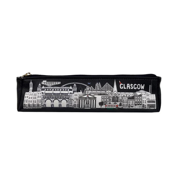 A black pencil case featuring a white illustration of Glasgow's iconic landmarks and symbols.