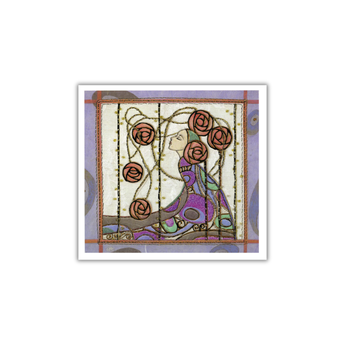 A mini greetings card featuring a delicately embossed and foiled design of a lady with six roses, inspired by the Mackintosh style.