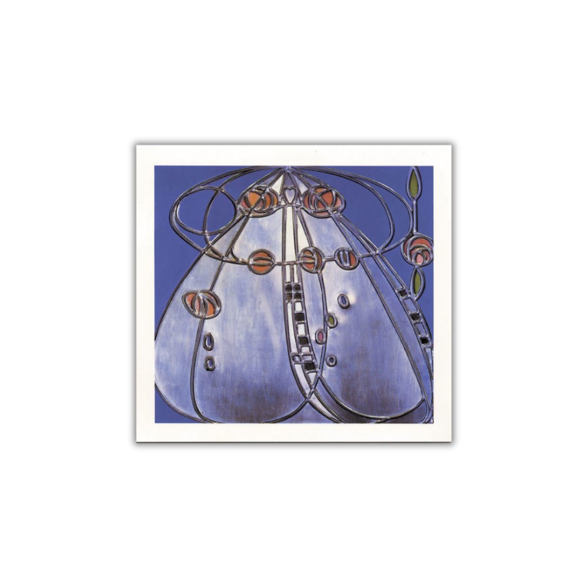 A mini greetings card featuring a reproduction of 'The May Queen' by Charles Rennie Mackintosh, depicting an abstract floral design.