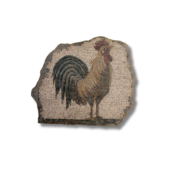 A wooden magnet shaped like a mosaic fragment featuring a cockerel, with vivid colors and intricate design, resembling an ancient artwork.