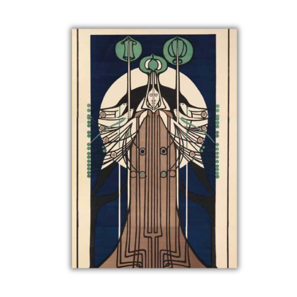 Greetings card featuring a detail from Charles Rennie Mackintosh's 1896 design for The Scottish Musical Review, with a figure in a dress form, surrounded by stylized trees or elements, predominantly in dark tones.